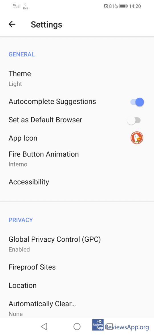 DuckDuckGo Privacy Browser settings