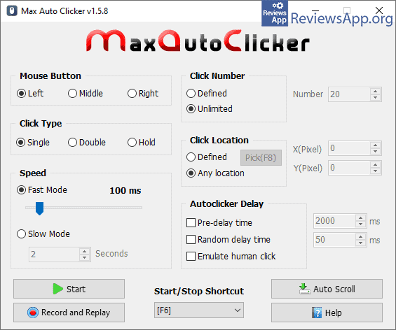 Max Auto Clicker menu