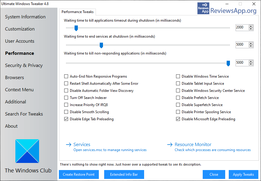 Ultimate Windows Tweaker menu